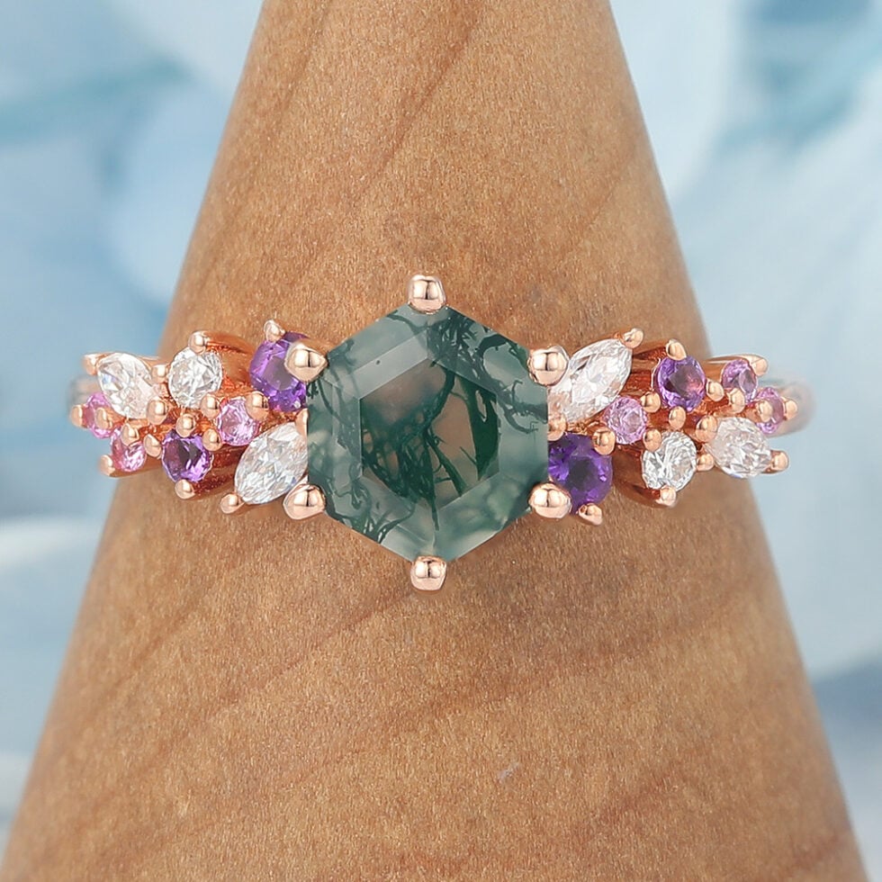 virgo birthstone Hexagon Cut Moss Agate Engagement Ring Multi-Stone Cluster Design