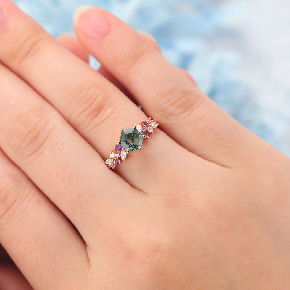 Hexagon Cut Moss Agate Engagement Ring Multi-Stone Cluster Design