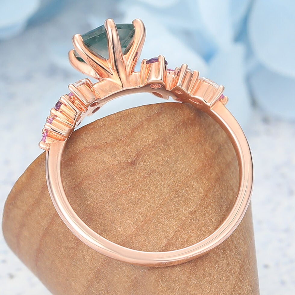 Hexagon Cut Moss Agate Engagement Ring Multi-Stone Cluster Design