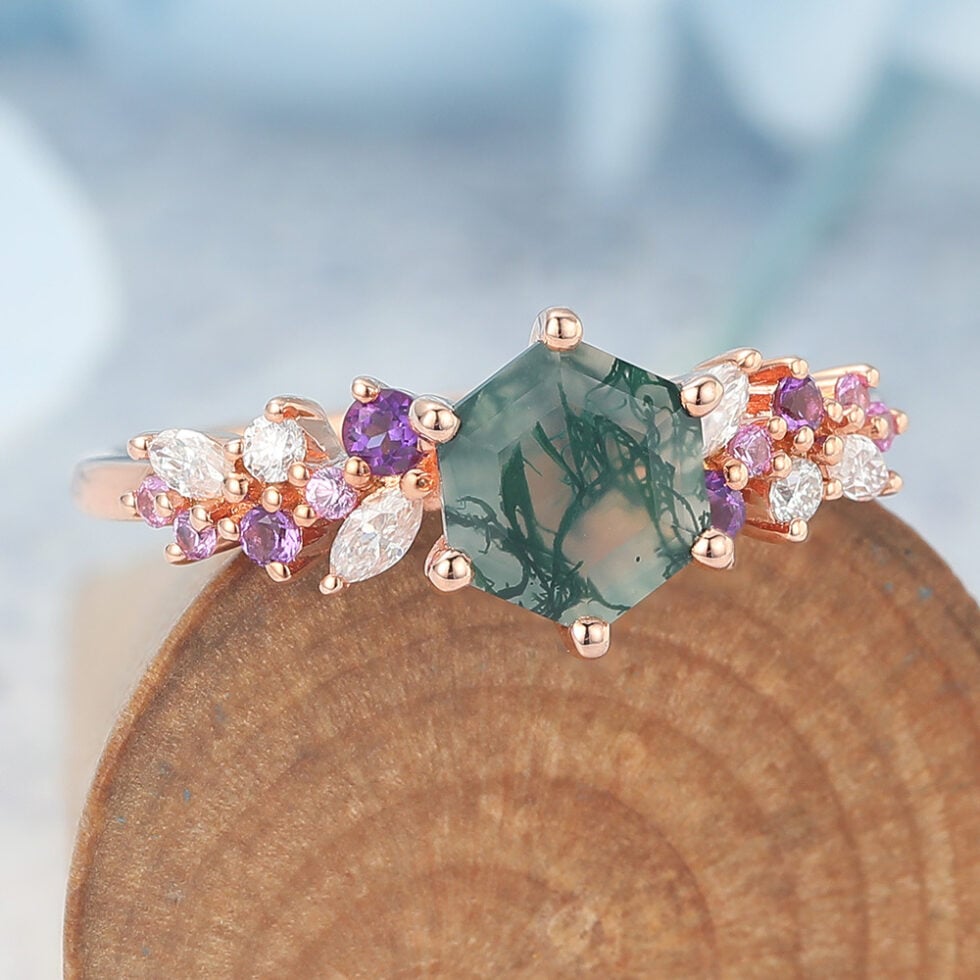Moss agate hardness Hexagon Cut Moss Agate Engagement Ring Multi-Stone Cluster Design