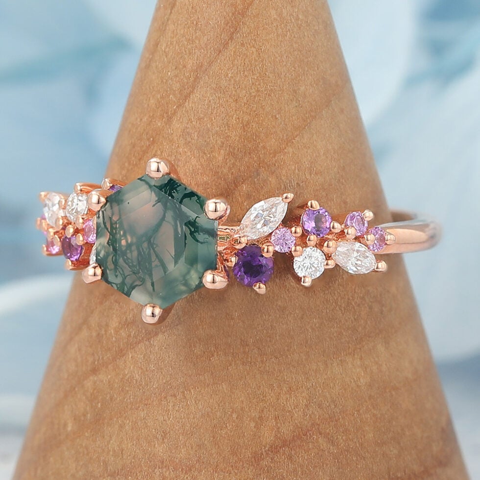 Hexagon Cut Moss Agate Engagement Ring Multi-Stone Cluster Design