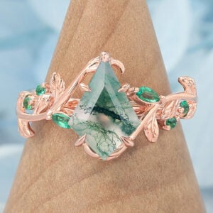 Kite Cut Moss Agate Engagement Ring Vine-Inspired with Emerald Accents