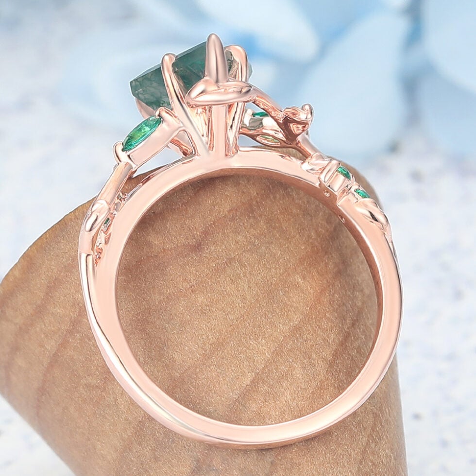 Kite Cut Moss Agate Engagement Ring Vine-Inspired with Emerald Accents
