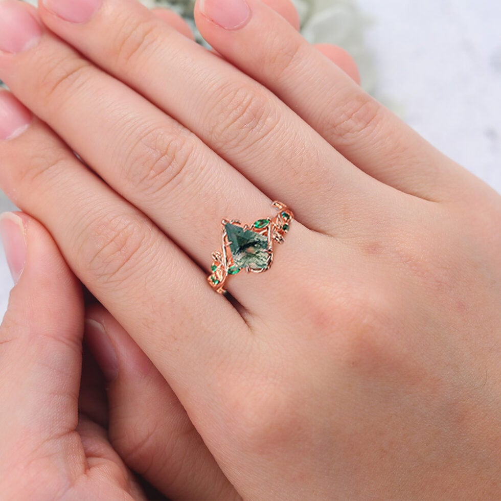 Kite Cut Moss Agate Engagement Ring Vine-Inspired with Emerald Accents