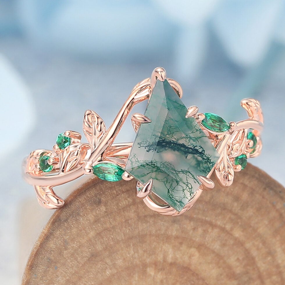 Kite Cut Moss Agate Engagement Ring Vine-Inspired with Emerald Accents