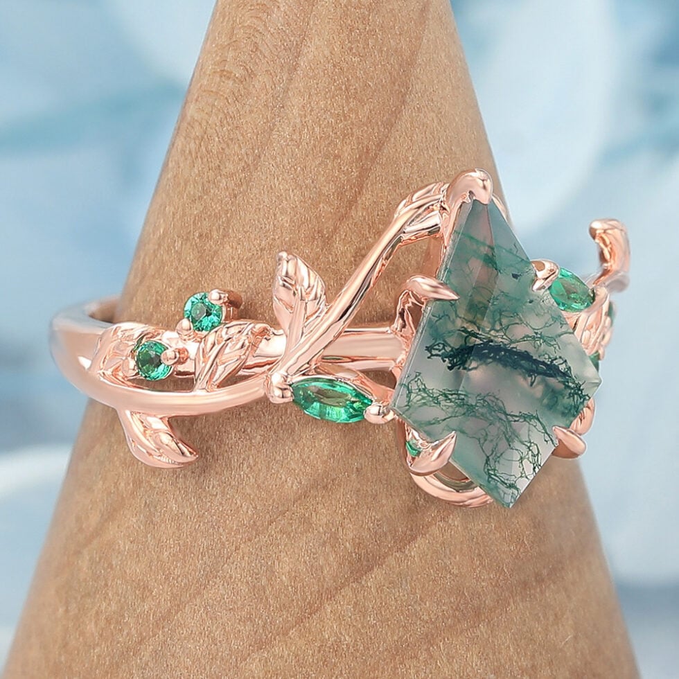 Kite Cut Moss Agate Engagement Ring Vine-Inspired with Emerald Accents