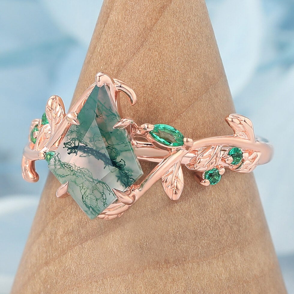 Kite Cut Moss Agate Engagement Ring Vine-Inspired with Emerald Accents