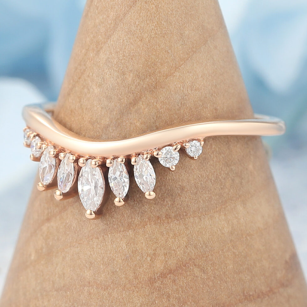 Marquise Lab Grown Diamond Wedding Band Crown-Inspired Curved Stacking Ring