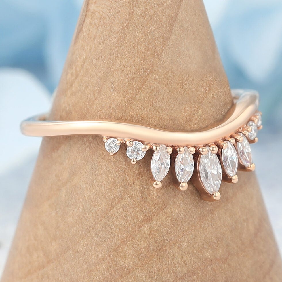 Marquise Lab Grown Diamond Wedding Band Crown-Inspired Curved Stacking Ring