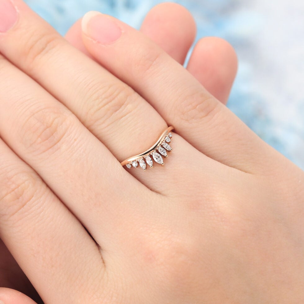 Marquise Lab Grown Diamond Wedding Band Crown-Inspired Curved Stacking Ring