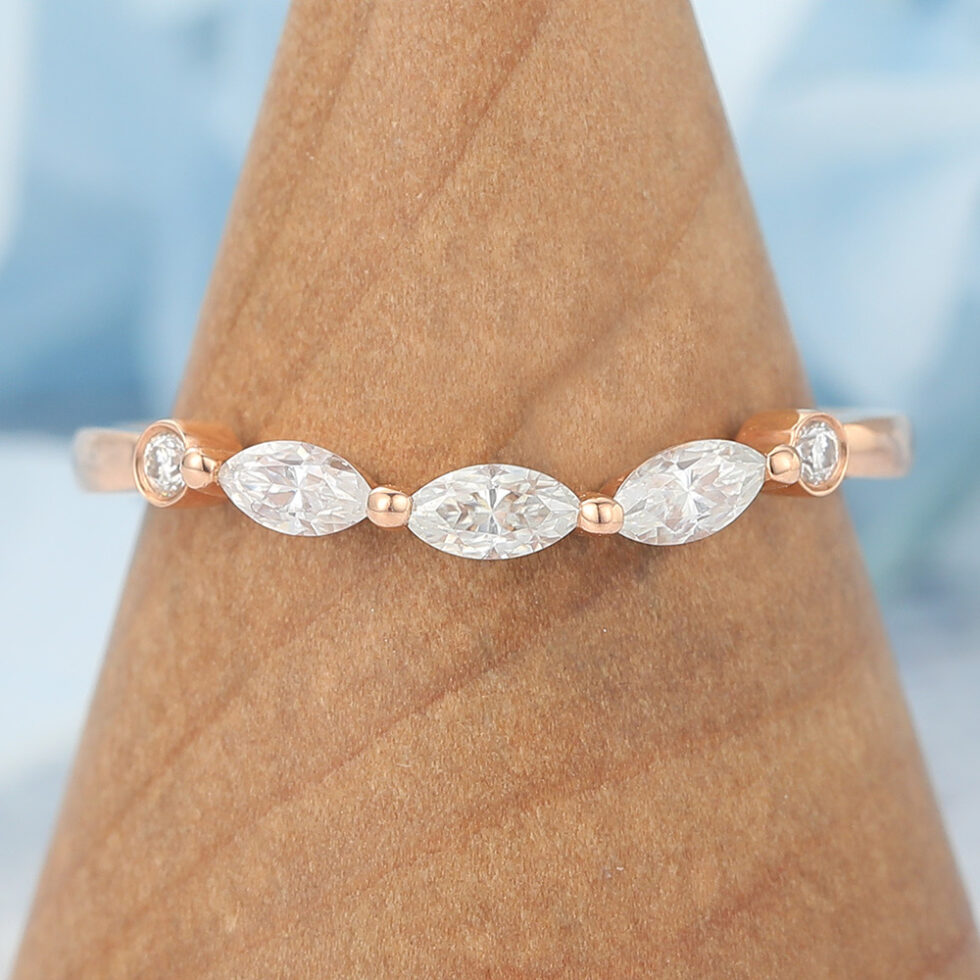 Marquise Moissanite Wedding Band Elegant Curved Stacking Ring