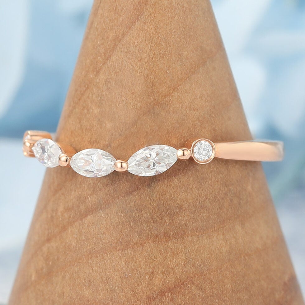 Marquise Moissanite Wedding Band Elegant Curved Stacking Ring