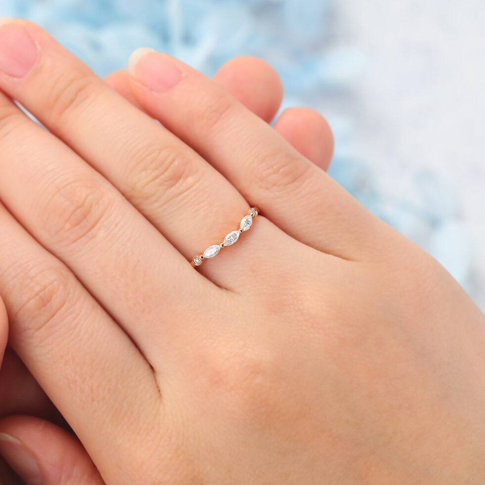 Marquise Moissanite Wedding Band Elegant Curved Stacking Ring