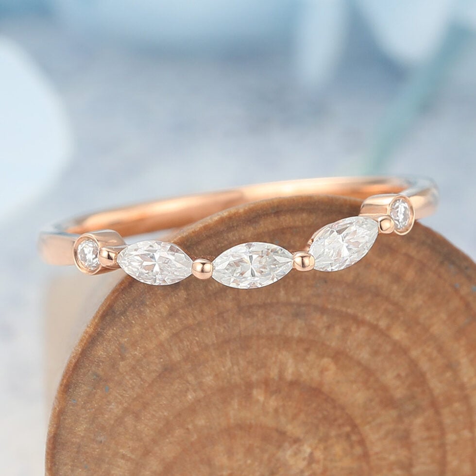 Marquise Moissanite Wedding Band Elegant Curved Stacking Ring