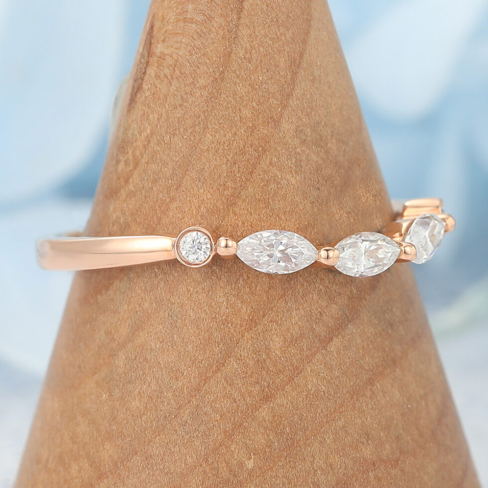 Marquise Moissanite Wedding Band Elegant Curved Stacking Ring