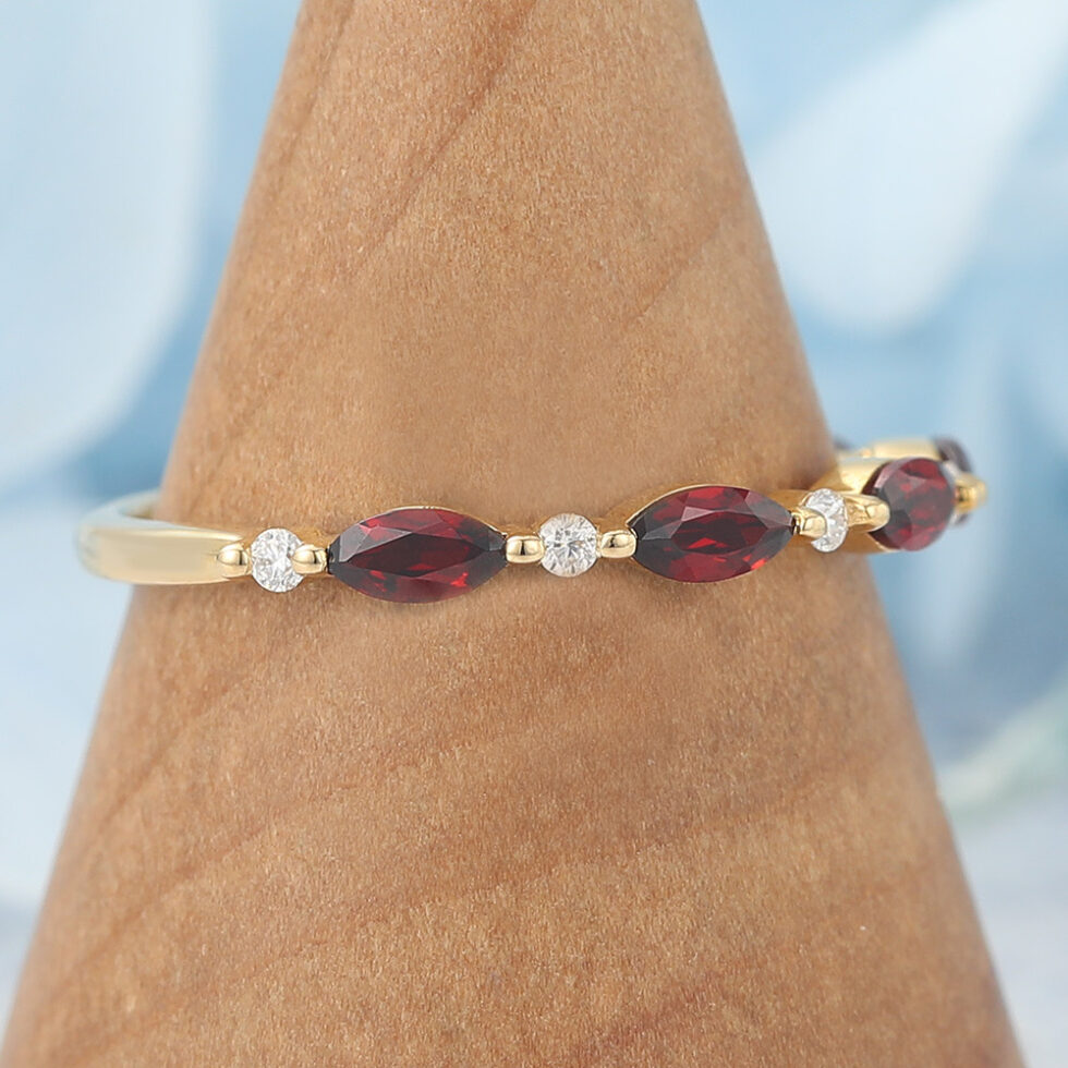 Marquise Ruby & Round Moissanite Wedding Band Half Eternity Design