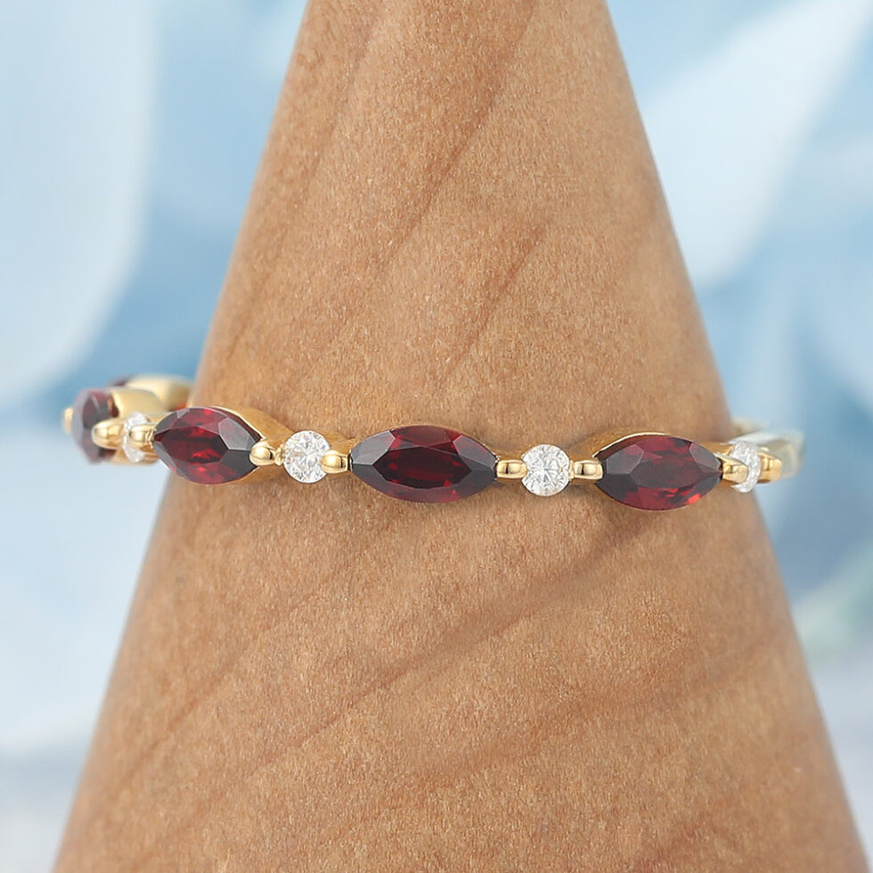 Marquise Ruby & Round Moissanite Wedding Band Half Eternity Design