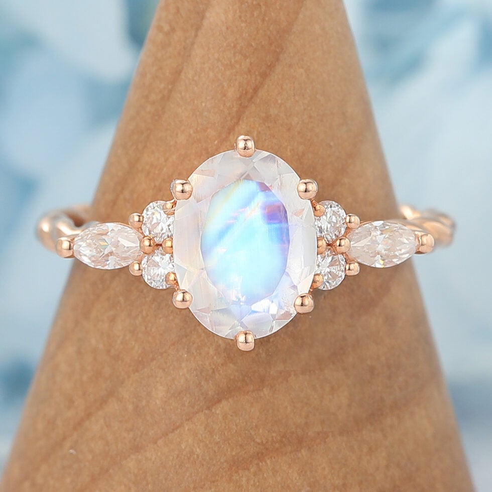 Oval Cut Moonstone Engagement Ring Twisted Band in Rose Gold