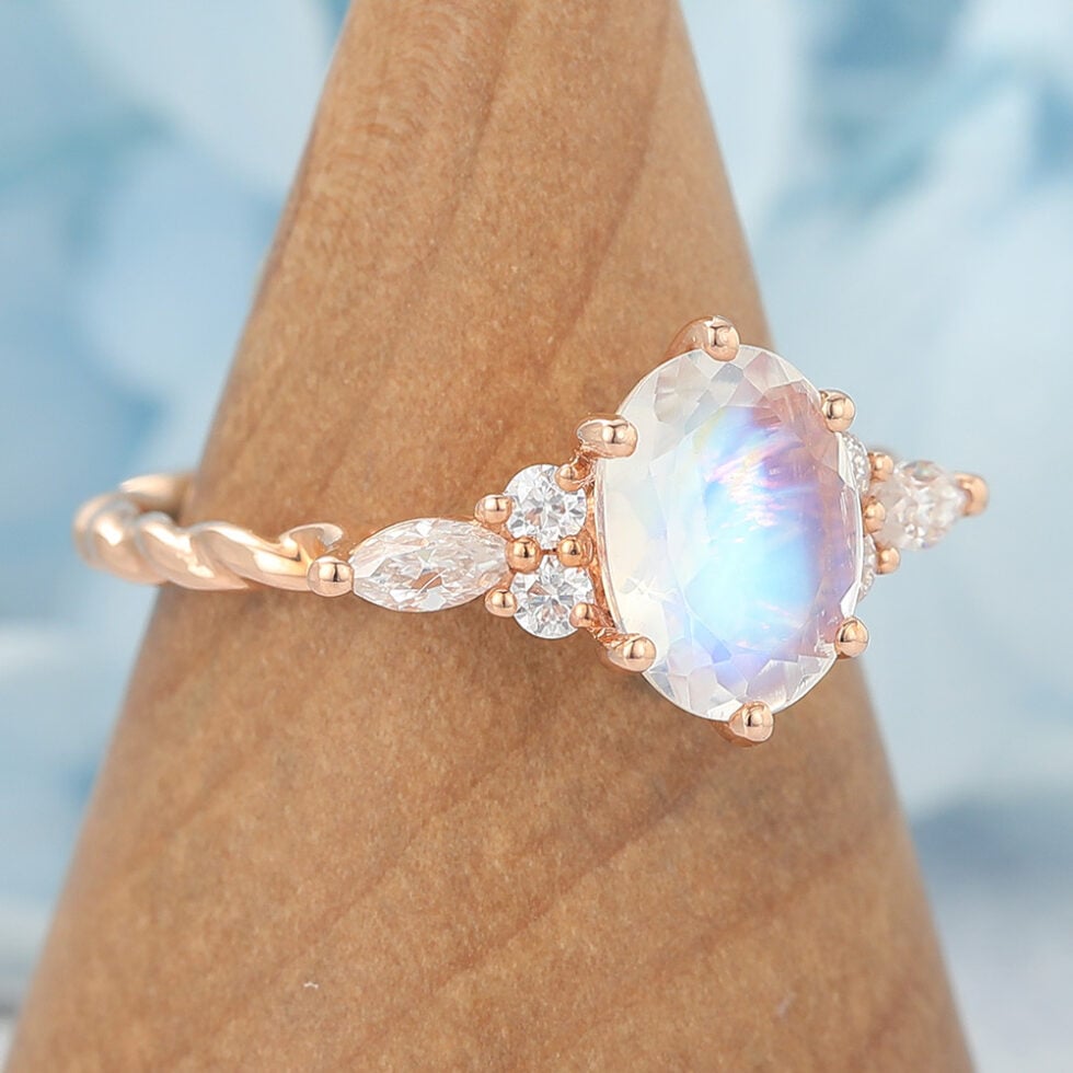 Oval Cut Moonstone Engagement Ring Twisted Band in Rose Gold