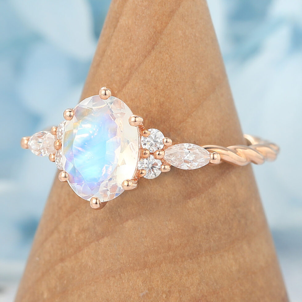 Oval Cut Moonstone Engagement Ring Twisted Band in Rose Gold