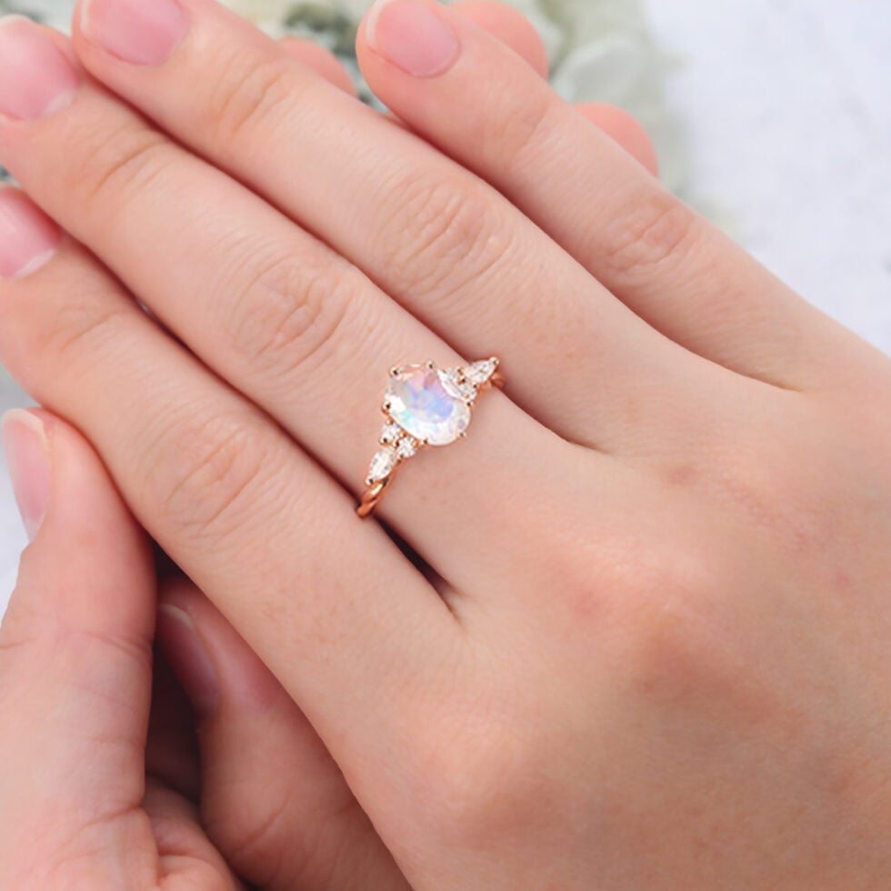 Oval Cut Moonstone Engagement Ring Twisted Band in Rose Gold