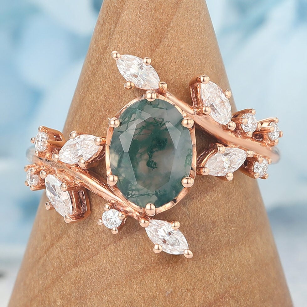 Oval Cut Moss Agate Engagement Ring Natural-Inspired Bypass Band