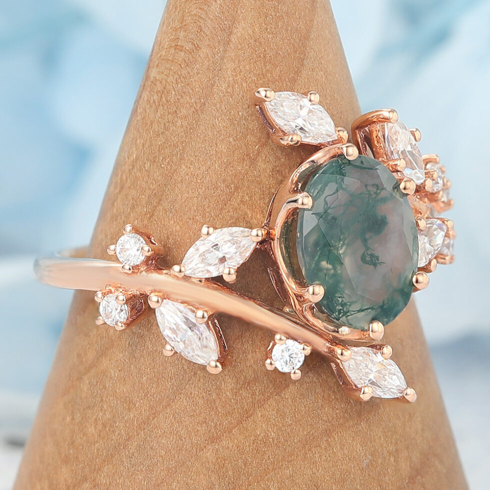 Oval Cut Moss Agate Engagement Ring Natural-Inspired Bypass Band