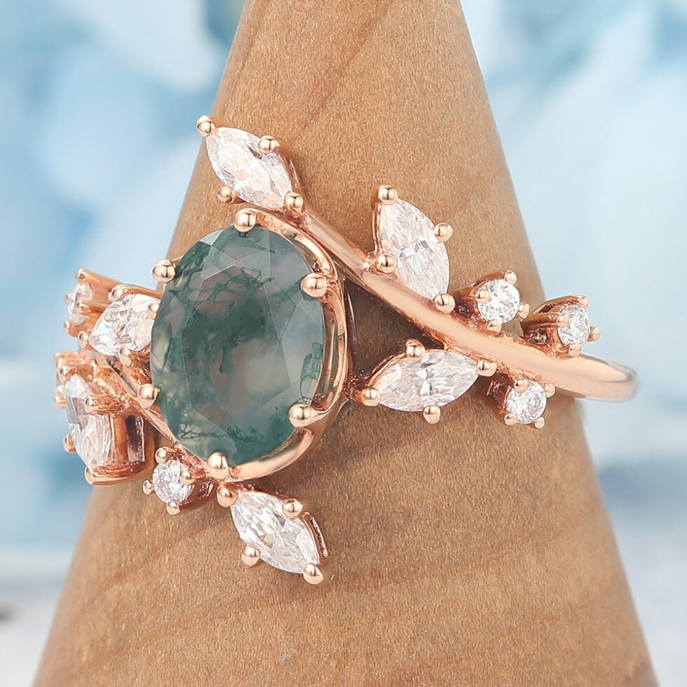 Oval Cut Moss Agate Engagement Ring Natural-Inspired Bypass Band