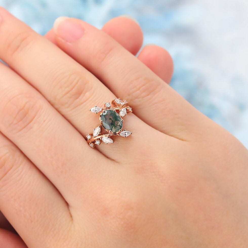 Oval Cut Moss Agate Engagement Ring Natural-Inspired Bypass Band