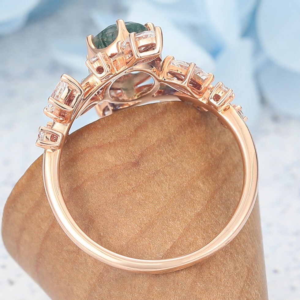 Oval Cut Moss Agate Engagement Ring Natural-Inspired Bypass Band