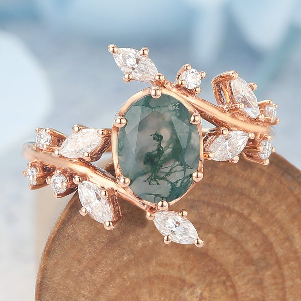 Bezel Set Engagement Ring moss agate hardness Oval Cut Moss Agate Engagement Ring Natural-Inspired Bypass Band