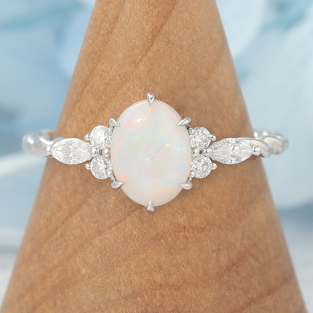 Oval Cut Opal Engagement Ring Twisted Band in White Gold