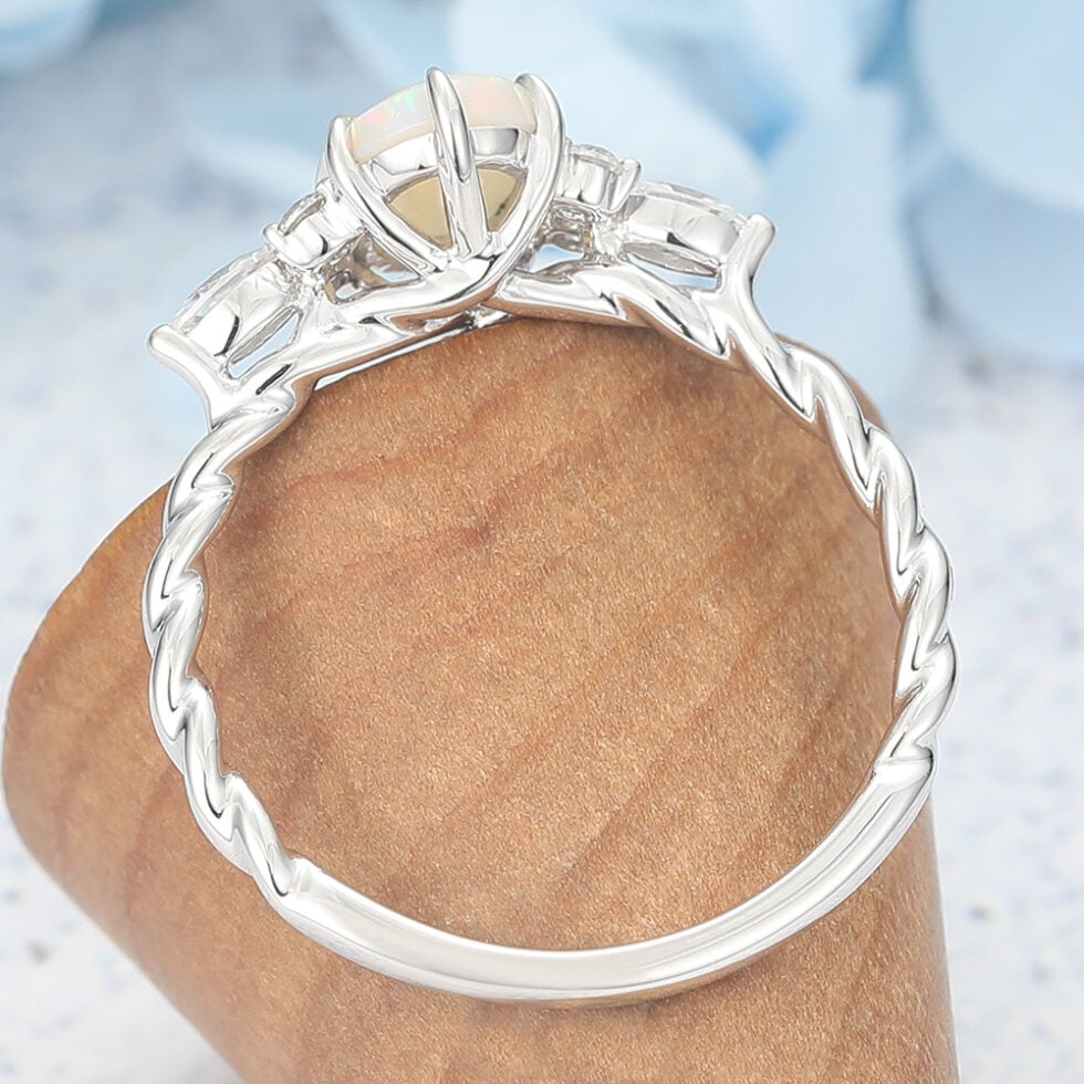 Oval Cut Opal Engagement Ring Twisted Band in White Gold