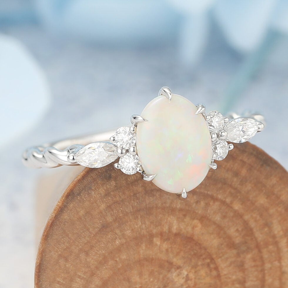 Oval Cut Opal Engagement Ring Twisted Band in White Gold