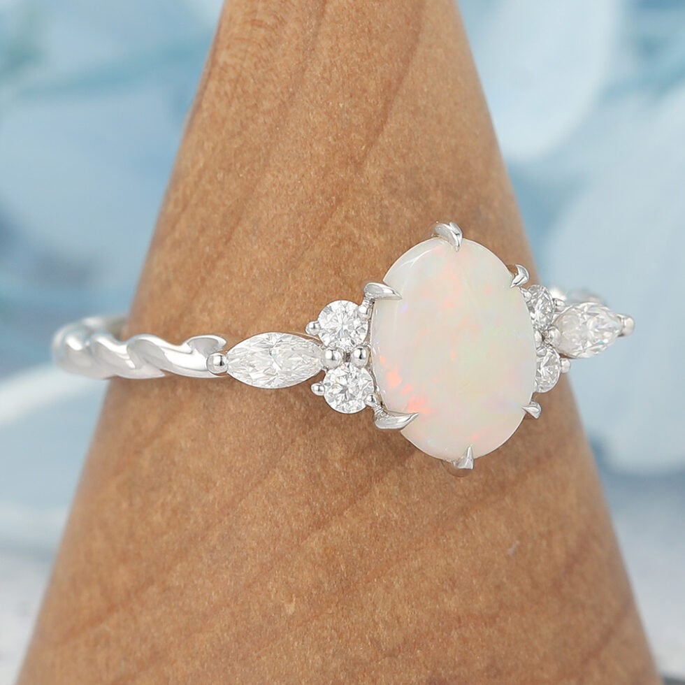 Oval Cut Opal Engagement Ring Twisted Band in White Gold