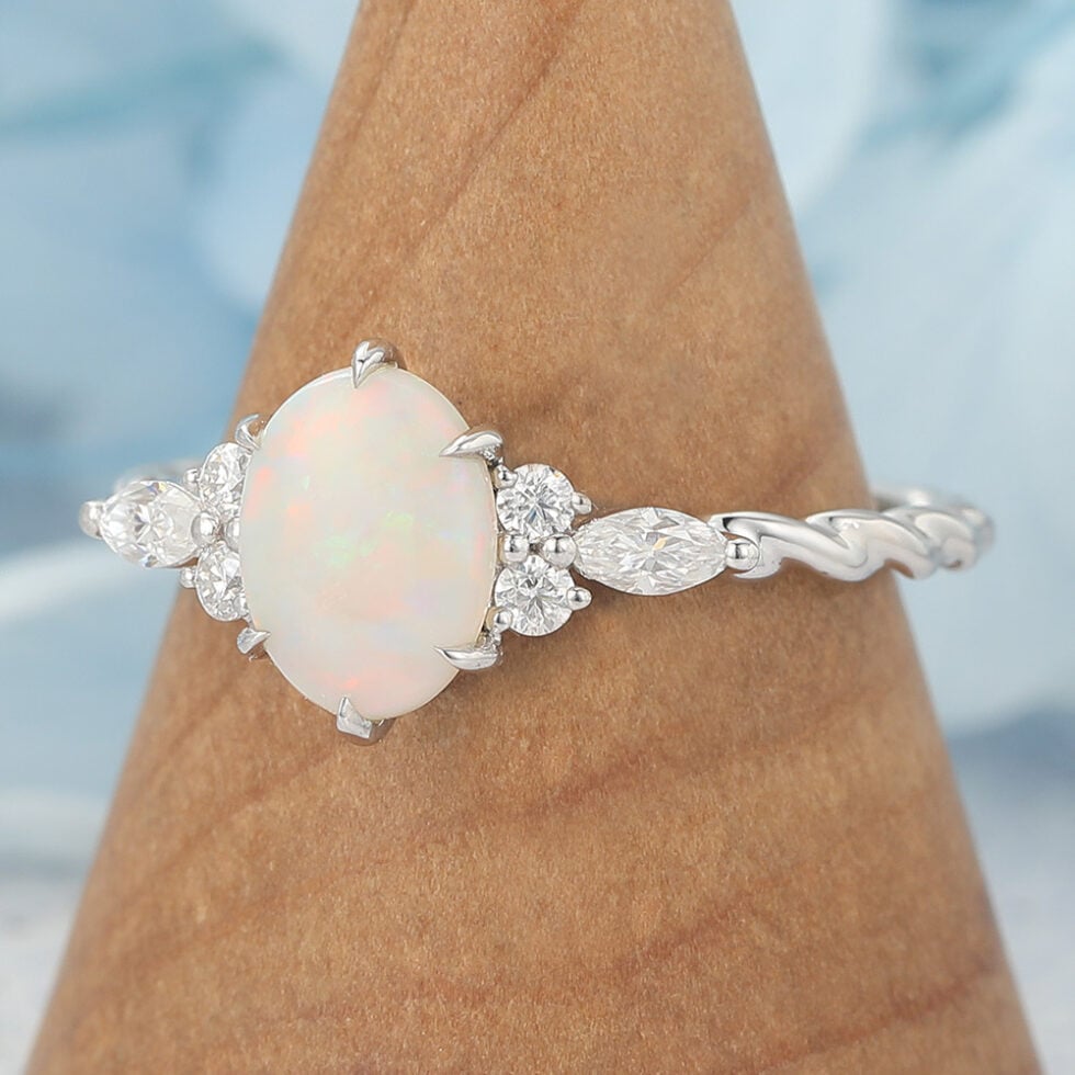 Oval Cut Opal Engagement Ring Twisted Band in White Gold