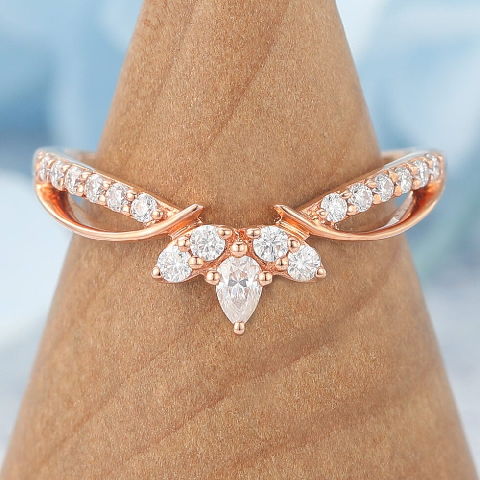 Simulated Diamond vs Moissanite Pear & Round Moissanite Curved Wedding Band with Filigree