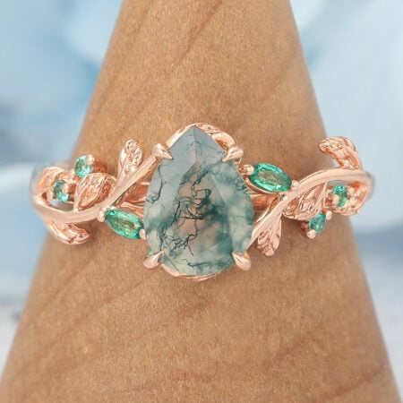 Pear Shaped Moss Agate Engagement Ring Vine-Inspired with Emerald Accents