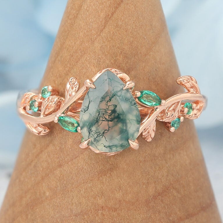 Pear Shaped Moss Agate Engagement Ring Vine-Inspired with Emerald Accents