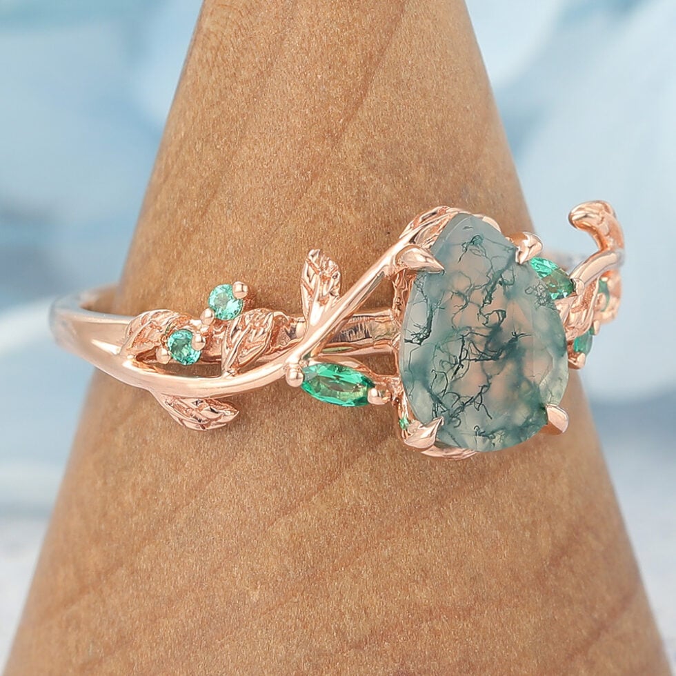 Pear Shaped Moss Agate Engagement Ring Vine-Inspired with Emerald Accents