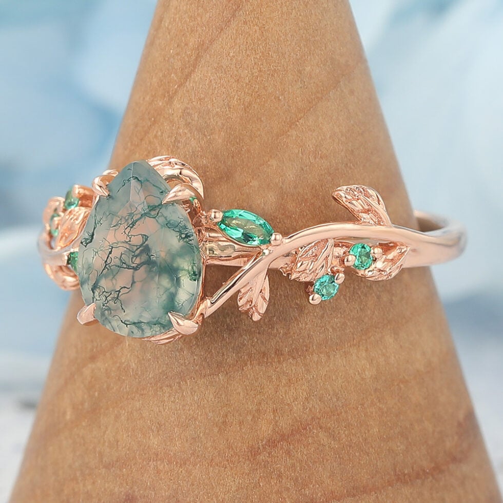 Pear Shaped Moss Agate Engagement Ring Vine-Inspired with Emerald Accents