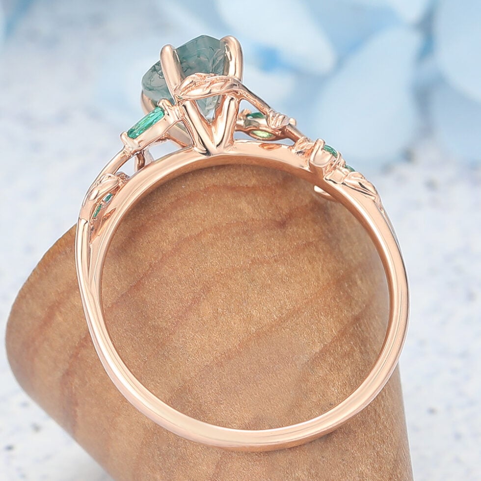 Pear Shaped Moss Agate Engagement Ring Vine-Inspired with Emerald Accents