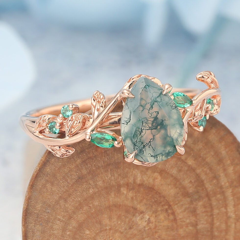 Pear Shaped Moss Agate Engagement Ring Vine-Inspired with Emerald Accents