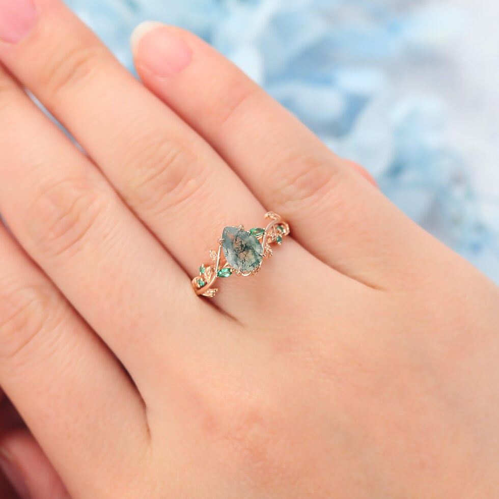 Pear Shaped Moss Agate Engagement Ring Vine-Inspired with Emerald Accents