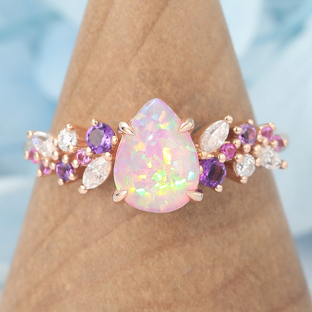 Pear Shaped Pink Opal Engagement Ring Multi-Stone Cluster Design