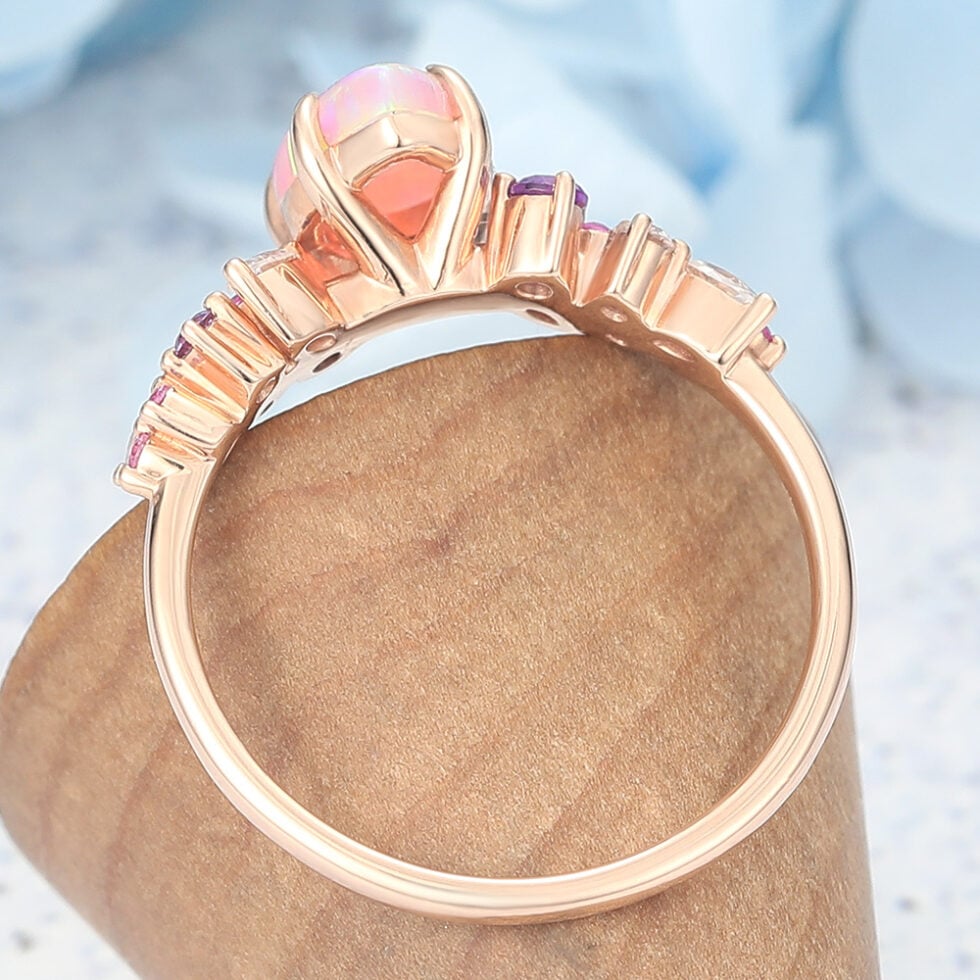 Pear Shaped Pink Opal Engagement Ring Multi-Stone Cluster Design