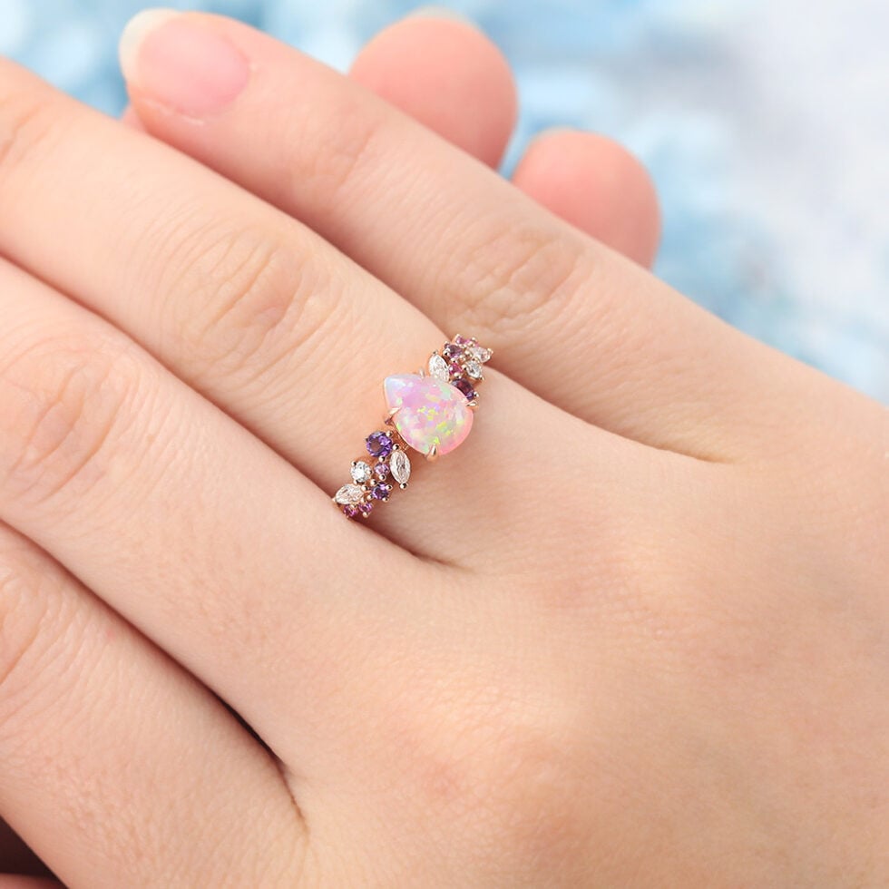 Pear Shaped Pink Opal Engagement Ring Multi-Stone Cluster Design
