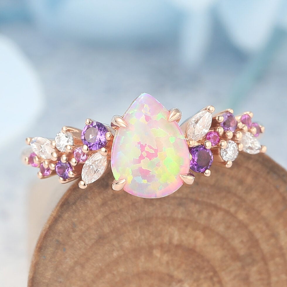 Pear Shaped Pink Opal Engagement Ring Multi-Stone Cluster Design