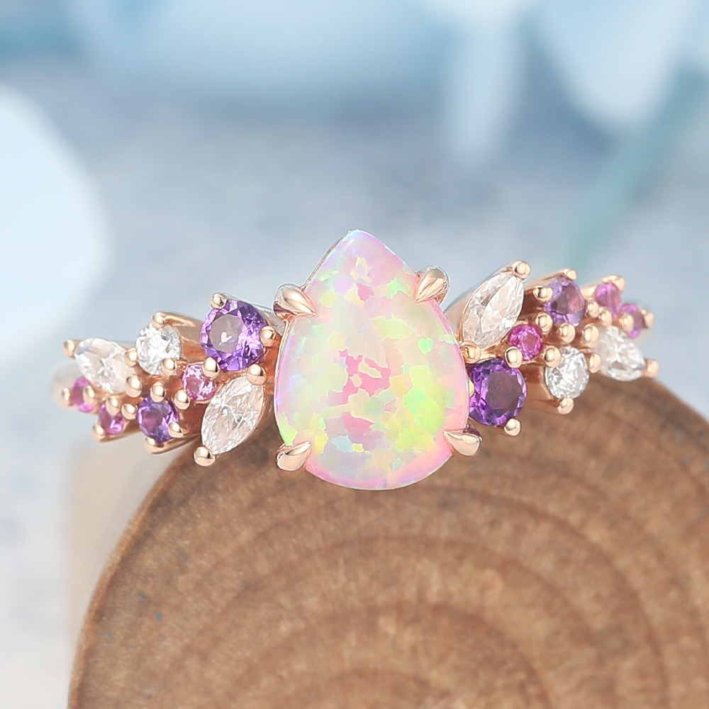 Pink Opal Meaning Pear Shaped Pink Opal Engagement Ring Multi-Stone Cluster Design