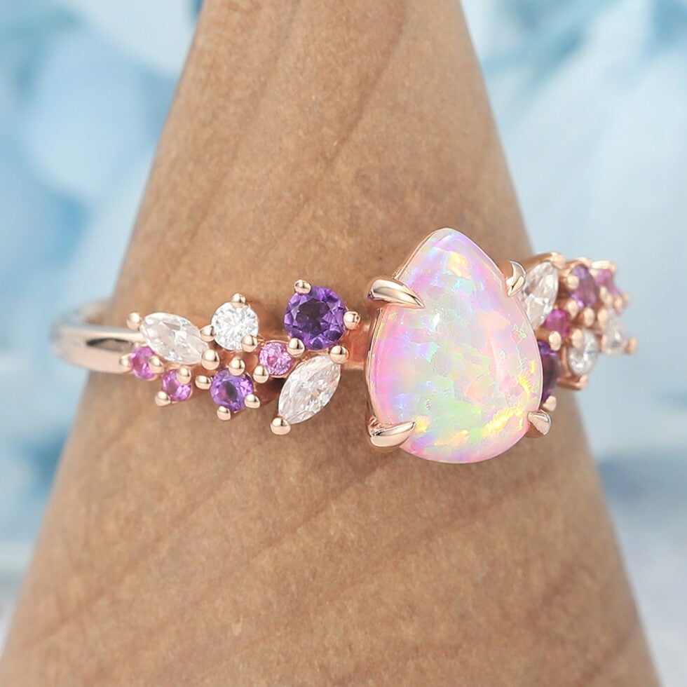 Pear Shaped Pink Opal Engagement Ring Multi-Stone Cluster Design